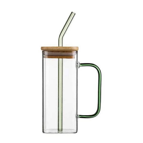 Borosilicate Glass 400ml Square Mug With Lids And Straws 2 Pack