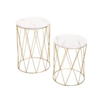 2-Piece Of Cylindrical Gold Metal Cage Side TableRound Portable End Table