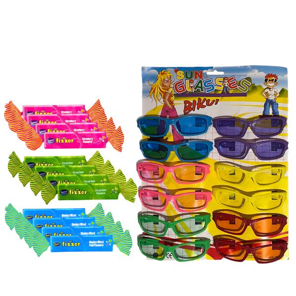 Kids Party Snacks/Prizes - 12 Sunglasses + 12 Mini Fizzer Sweets 3 Flavours