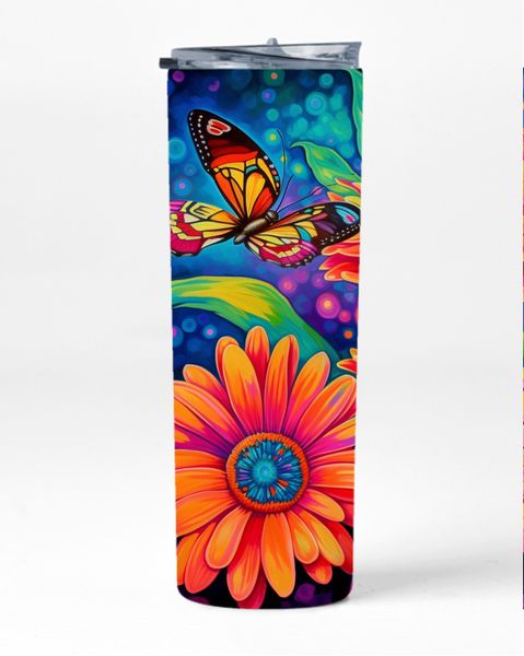 Butterfly Gerbera Daisies Neon 20 Oz Straight Skinny Tumbler