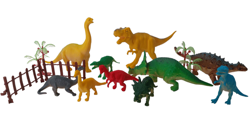 Set of 10 Realistic Looking Dinosaur Figurines with 2 Palm Trees, and 2 Fences.