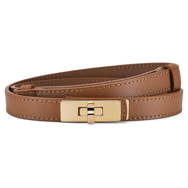Adjustable Skinny Leather Belt for Women Solid Alloy Twist Lock Waist Belt
