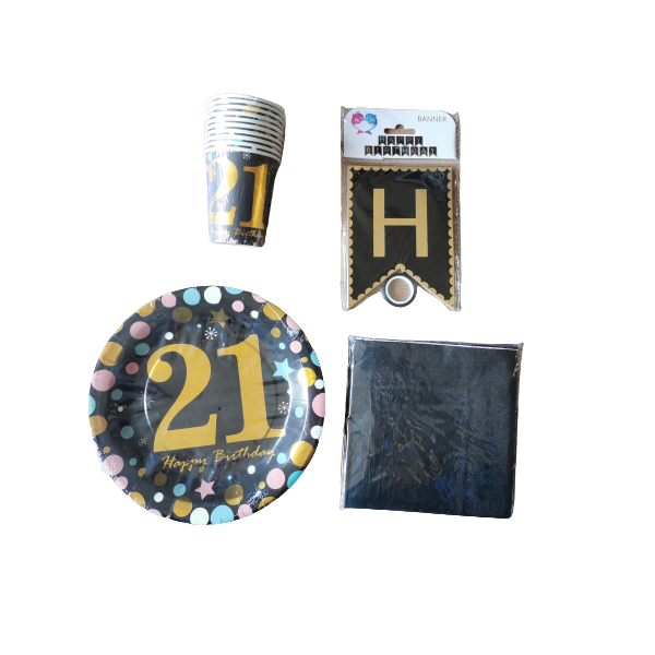 21st Birthday Party Pack Gold &amp; Black Polkadots 10's