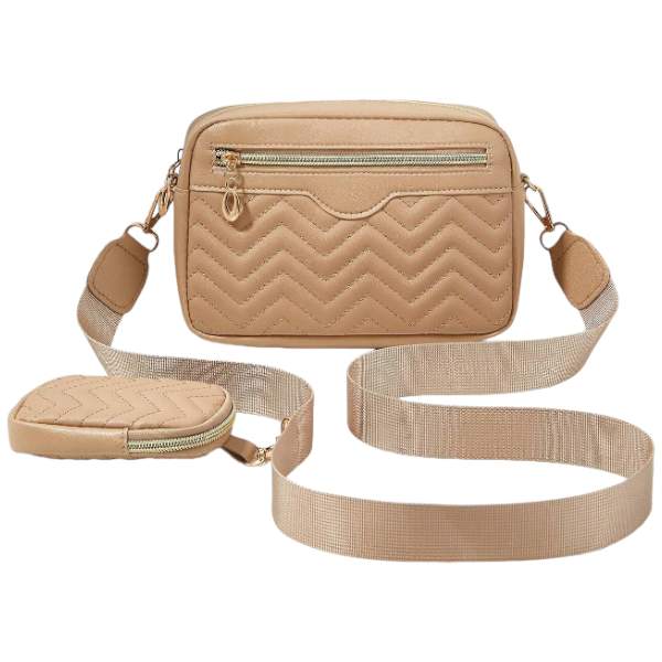 Chevron Quilted Crossbody Bag With Attached Pouch - Beige