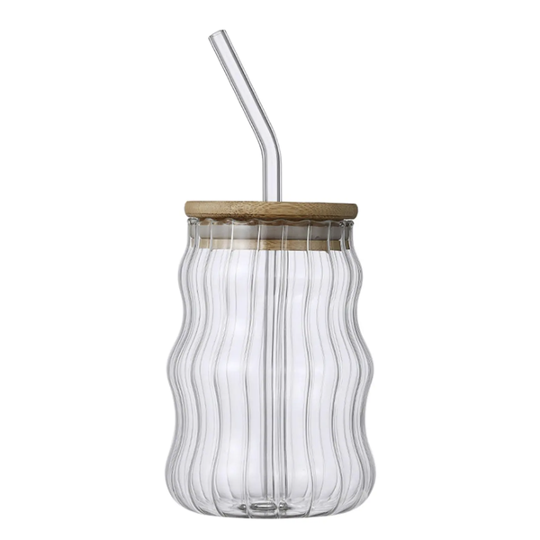 530ml Striped Vintage Glass Cup with Lid &amp; Straw