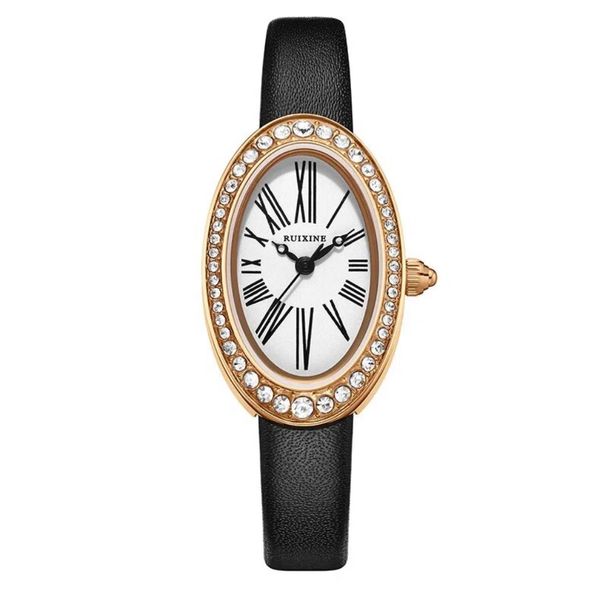RUIXINE Women's Oval-Shaped Watches Water Resistant Black Leather Band