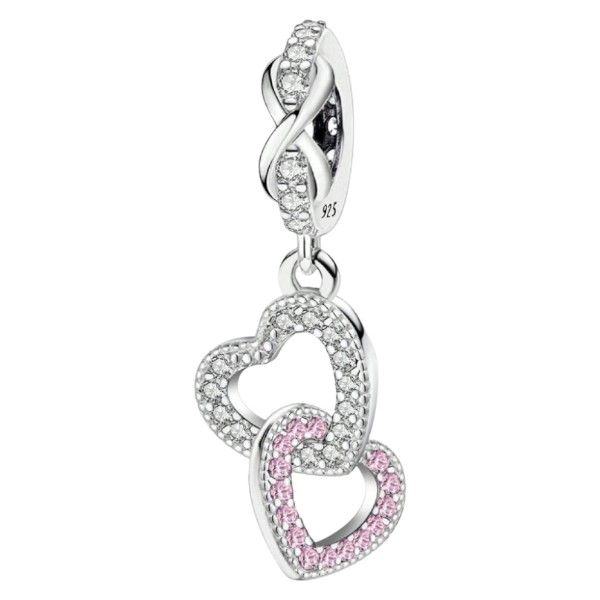 S925 Sterling Interlocking Heart Charm With Pink Rhinestones - Silver