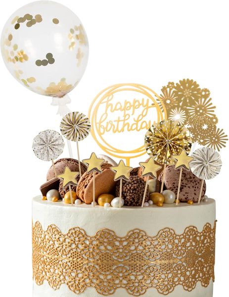 13 PCS Happy Birthday Cake Toppers with Sequins, Balloon, Paper Fans, Stars