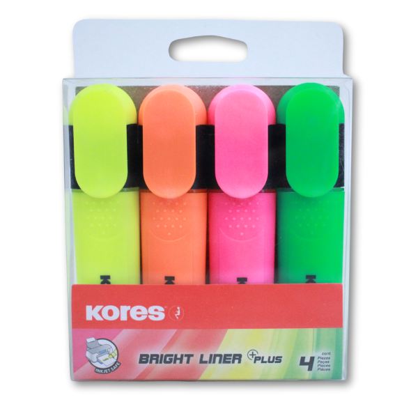 Kores Bright Liner Plus Highlighters, Assorted Colours, Wallet of 4
