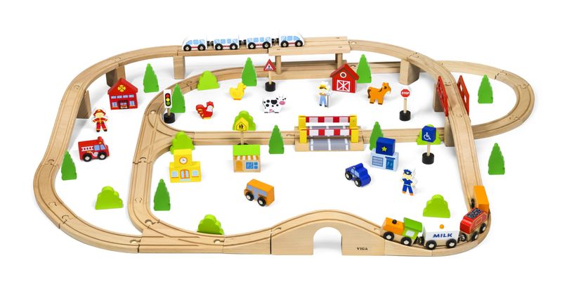 Viga Wooden Train Set with Accessories - 90 Piece