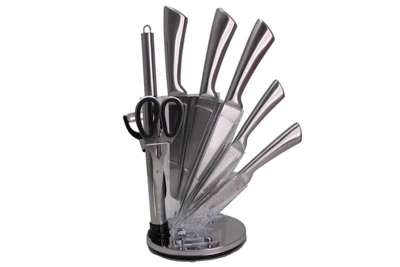 9 Piece Stainless Steel Rotating Kitchen Knife Set &amp; Textured Hilt - Marble