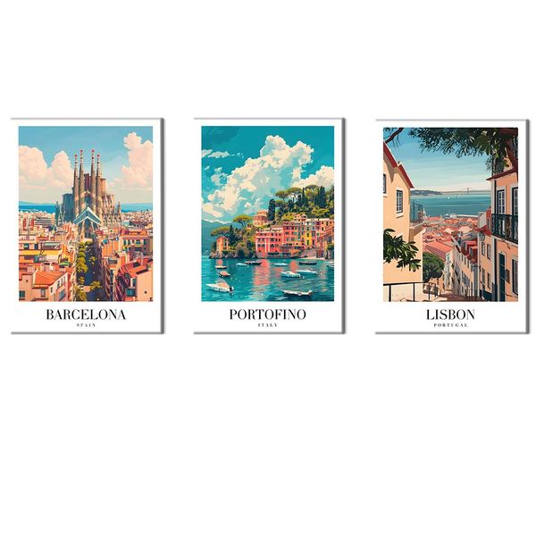 Canvas-Art-3 Pieces Travel Barcelona, Portofino &amp; Lisbon Cities Wall Art