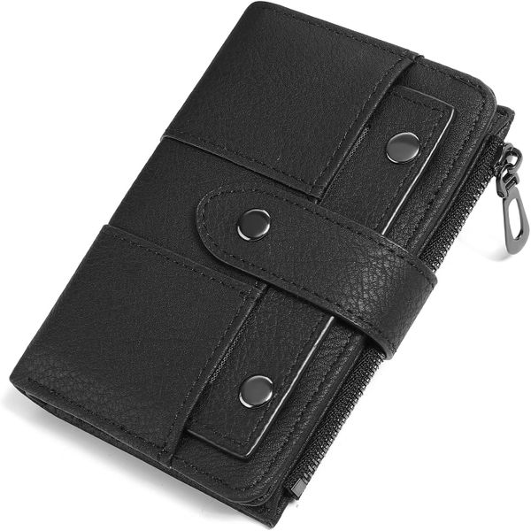 Women's Bifold Zipper Pocket Card Holder PU Leather Wallet Black 1pc