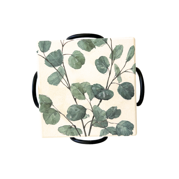 Designer Ceramic Coasters with Holder - Greenery Collection