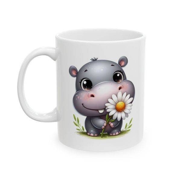 Hippo Mug - Cartoon Hippo Holding Flower Illustration