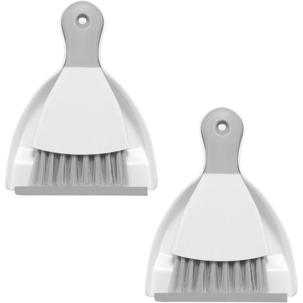 Two Kits Desktop Mini Small Broom and Dustpan Set-White &amp; Gray