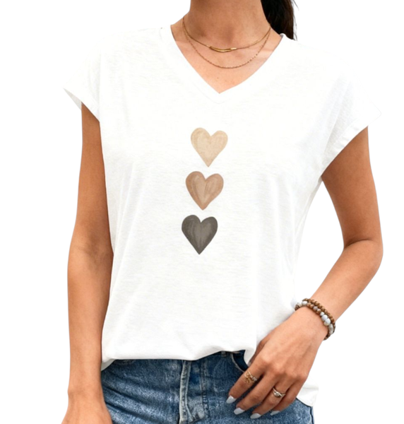 Women's White Heart Print V-Neck T-Shirt