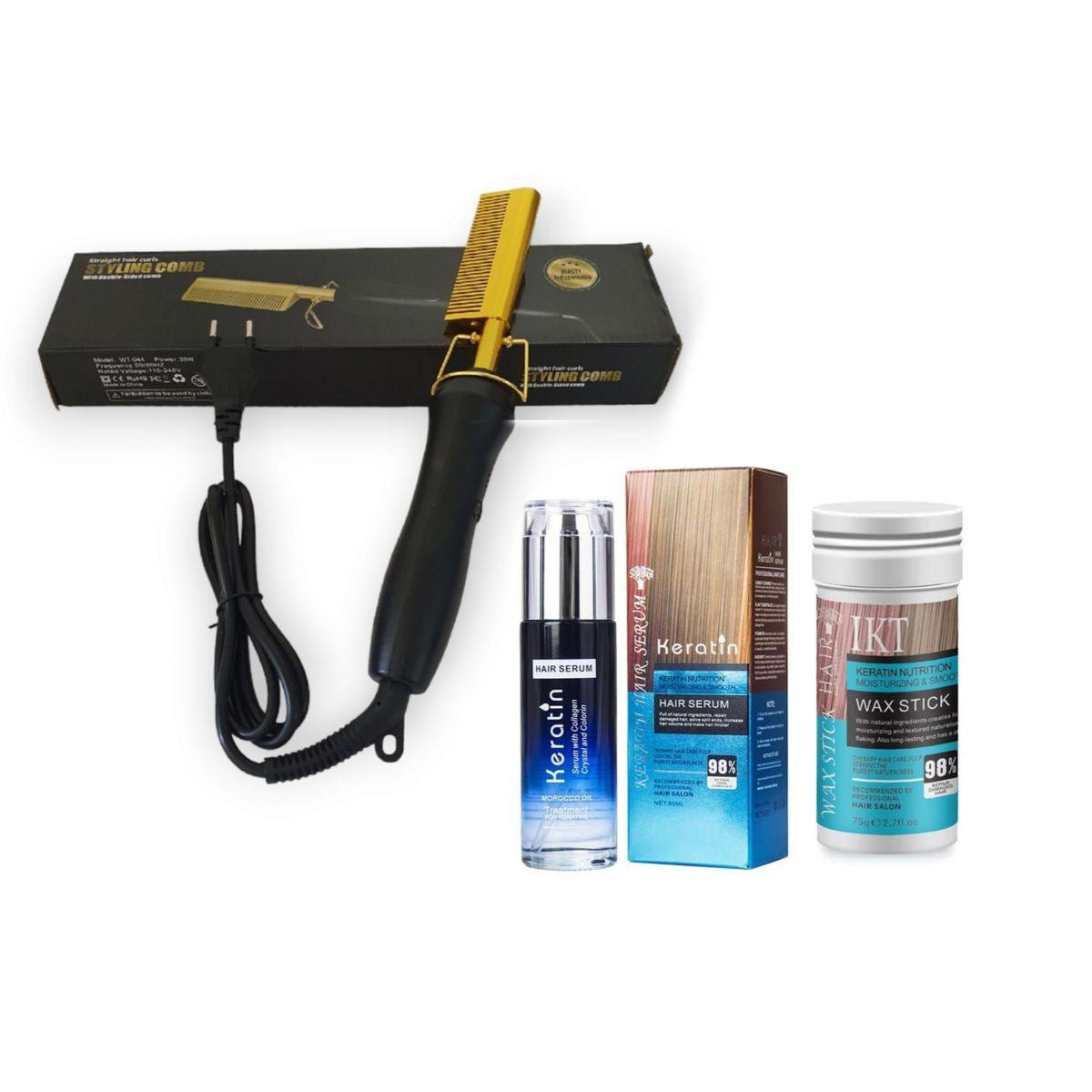 Brazilian Wigz Styling Hot Comb + Keratin Hair Serum + IKT Wax Stick