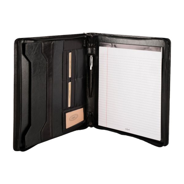 A4 Genuine Leather Zip Around Executive Folder - Black - MIRELLE