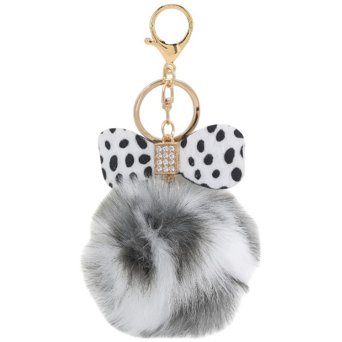 Faux Fur Plushy With Chic Leopard Print Bow Keychain - Black, White and Grey