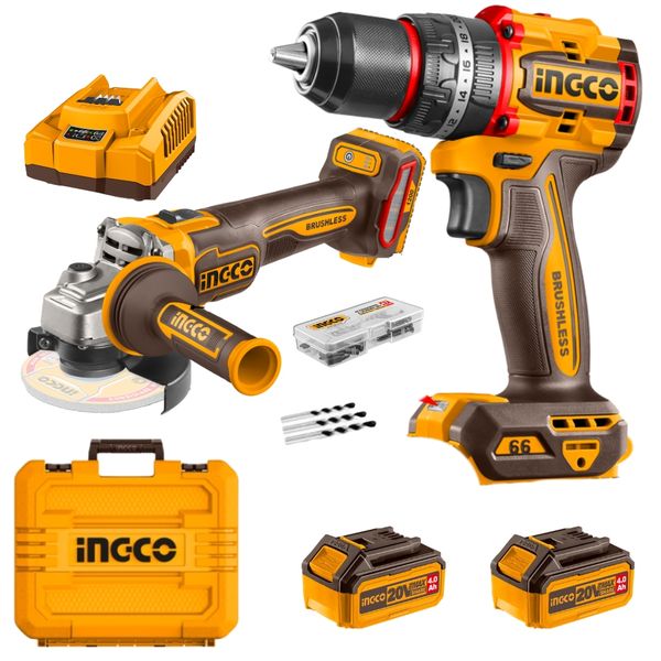 Ingco - Cordless Impact Drill &amp; Angle Grinder, Batteries &amp; Charger in Case