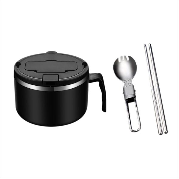 1200Ml Noodle Bowl with Lid Stainless Steel Instant Noodle Bowl Black