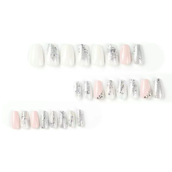 Medium Press on Nails Fake Nails Grey Full Cover Glitter False Nails