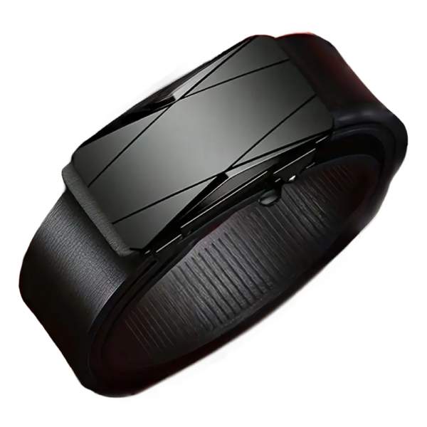 120cm Black Leather Belt with Automatic Alloy Buckle - Double Black Stripe