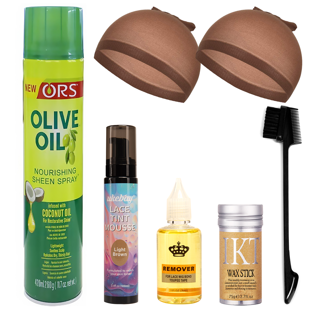 Hair Sheen Spray, Lace Tint Mousse, Wig Cap, Wax Stick, Remover, Edge Brush