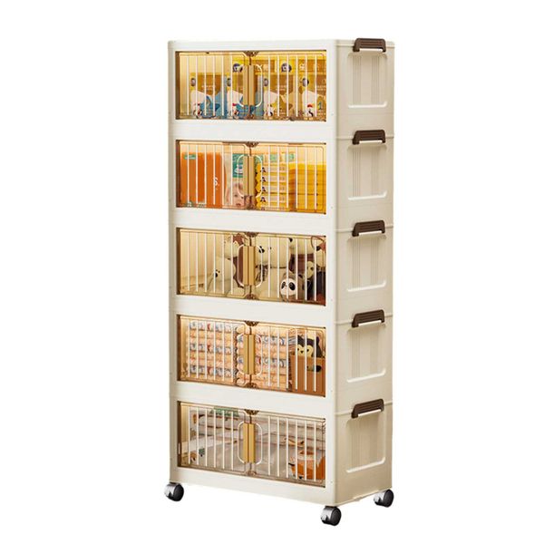 5 Tier Collapsible Storage Bins Organizer With Lid Wheel 55x24x117cm White