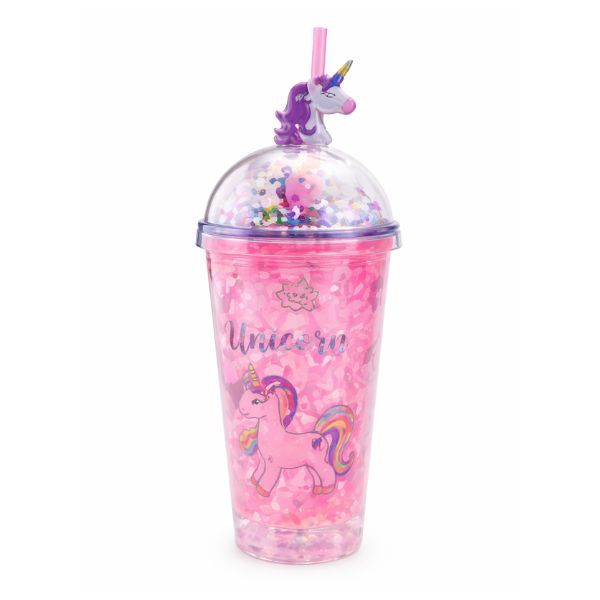Unicorn Drinking Bottle with Straw and Lid 450ml Pink