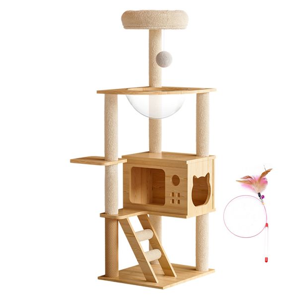 124CM Cat Tree Scratcher Playpost Cat House Climbing Toy With Cat Teaser
