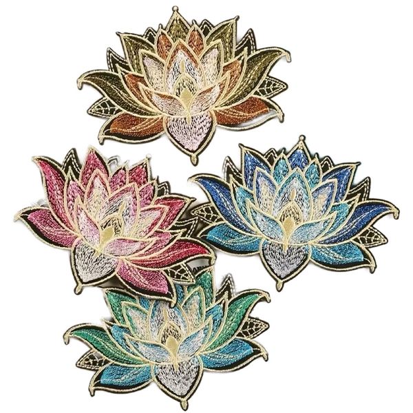Craft Sewing Lotus Embroidery Patch 4-Colour DIY Iron-On Badge (7.3×9.8cm)