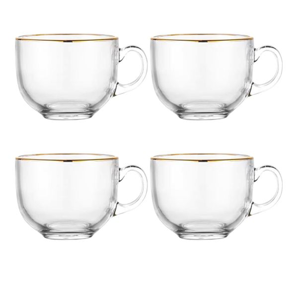 Borosilicate Glass Teacups with Gold Rim Oatmeal Cups Yogurt Bowl - Set of 4