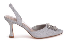 Linzi ADA Ladies - Silver Glitter Sling Back Court Heels With Diamante ...