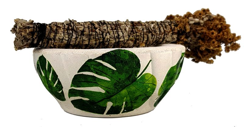 Patterned Cement Smudge Bowl &amp; Imphepo Smudge Wand - Grey
