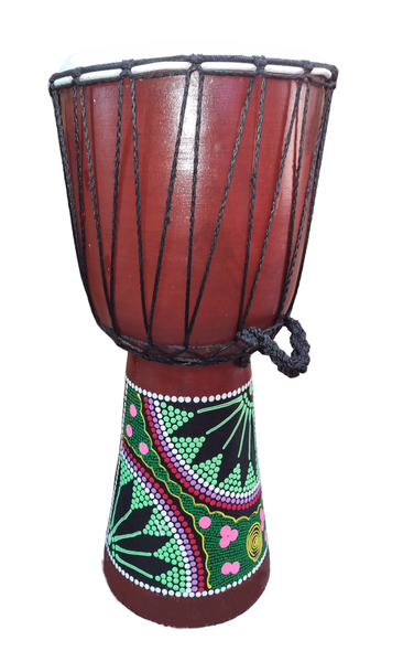 Djembe Drum Hand Painted Two Green Flowers 24cm x 50cm