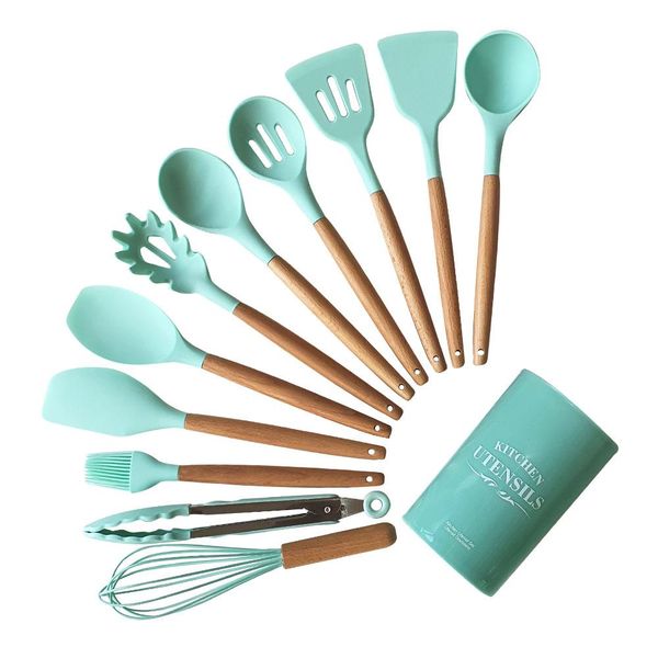 Hestia 12 Piece Silicone &amp; Wood Kitchen Utensil Set - Mint