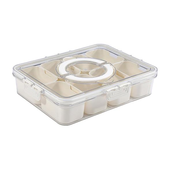 Fruit Veggie Snack Box Container, Divided Serving Tray with Lid and Handle