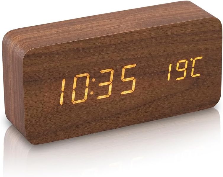 Digital Alarm Clock - Wood Grain Design with Temperature &amp; Date Display,