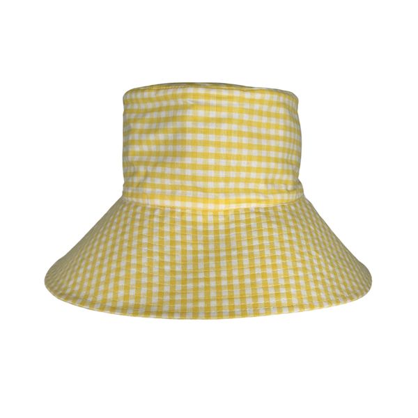 Yellow Gingham Plaid Checkered Wide Brim Sun Hat for Girls &amp; Ladies