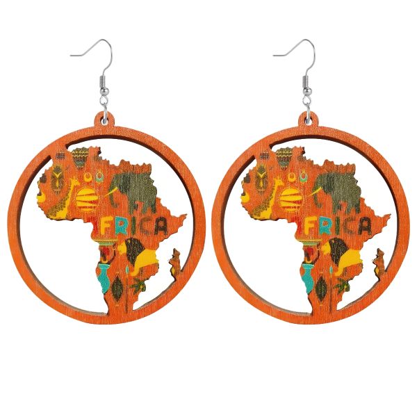 Pair African Map Women Earrings Round Natural Wooden Painted Earrings