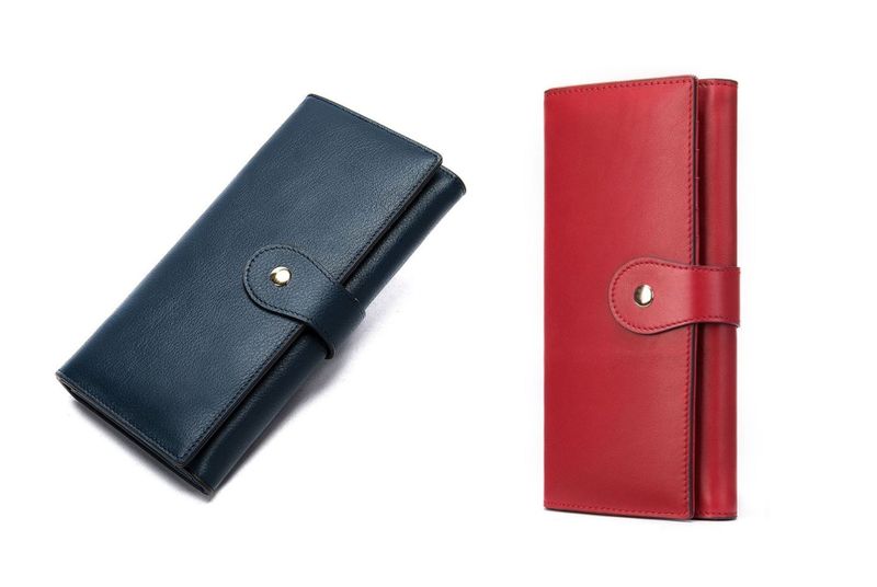 Genuine Leather Trifold Purse Combo in Stormy - Sky Blue and Autumn Berry Red