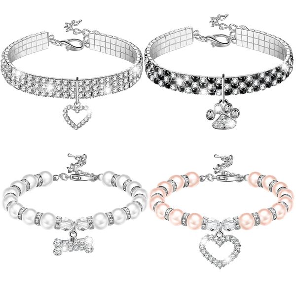 4-Piece Pet Bling Rhinestone Pearl Collar Pet Party Dress Decoration