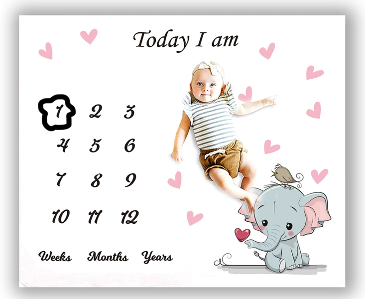 Baby Cute Elephant Monthly Growth Record Milestone Blanket