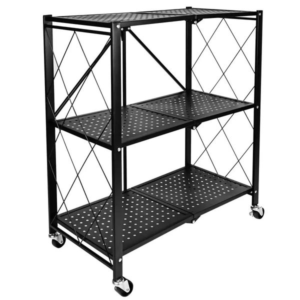 3-Layer Folding Kitchen Rack with Wheels - Metal Storage Shelves for Home