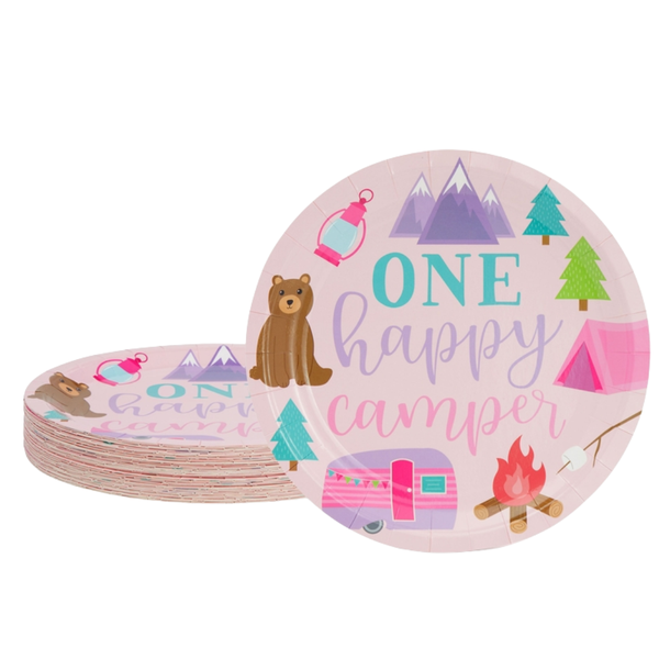 Pink One Happy Camper Paper Plates - 48PCS