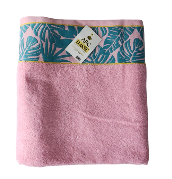 Arc Collection Soft &amp; Silky Bath Sheet in Pink with Teal&amp; White leaf motif
