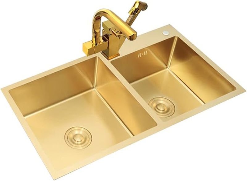 Goldcolored square double-slot stainless steel kitchen hotel universal sink