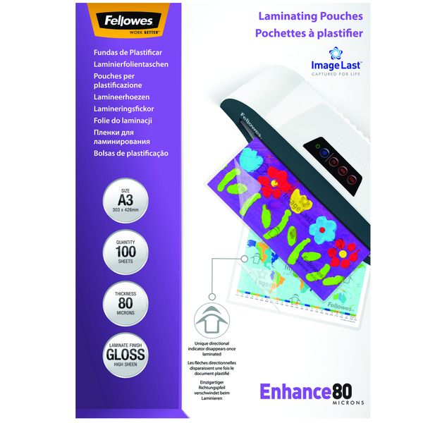 Fellowes Enhance80 A3 80micron Gloss Laminating Pouches (100 Pack)